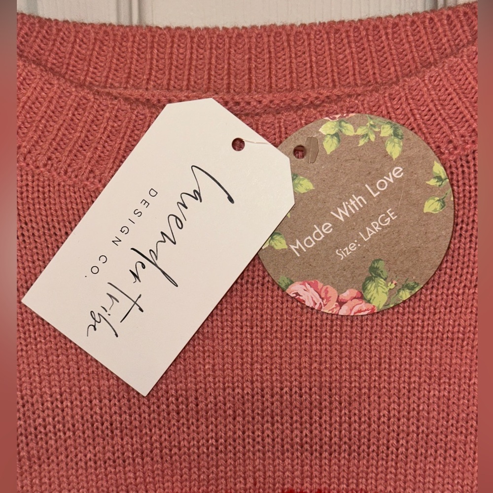 Lavender Tribe πHeart Embroidered Pink Pullover Crew Neck Sweater, NWT, Large - Picture 3 of 3